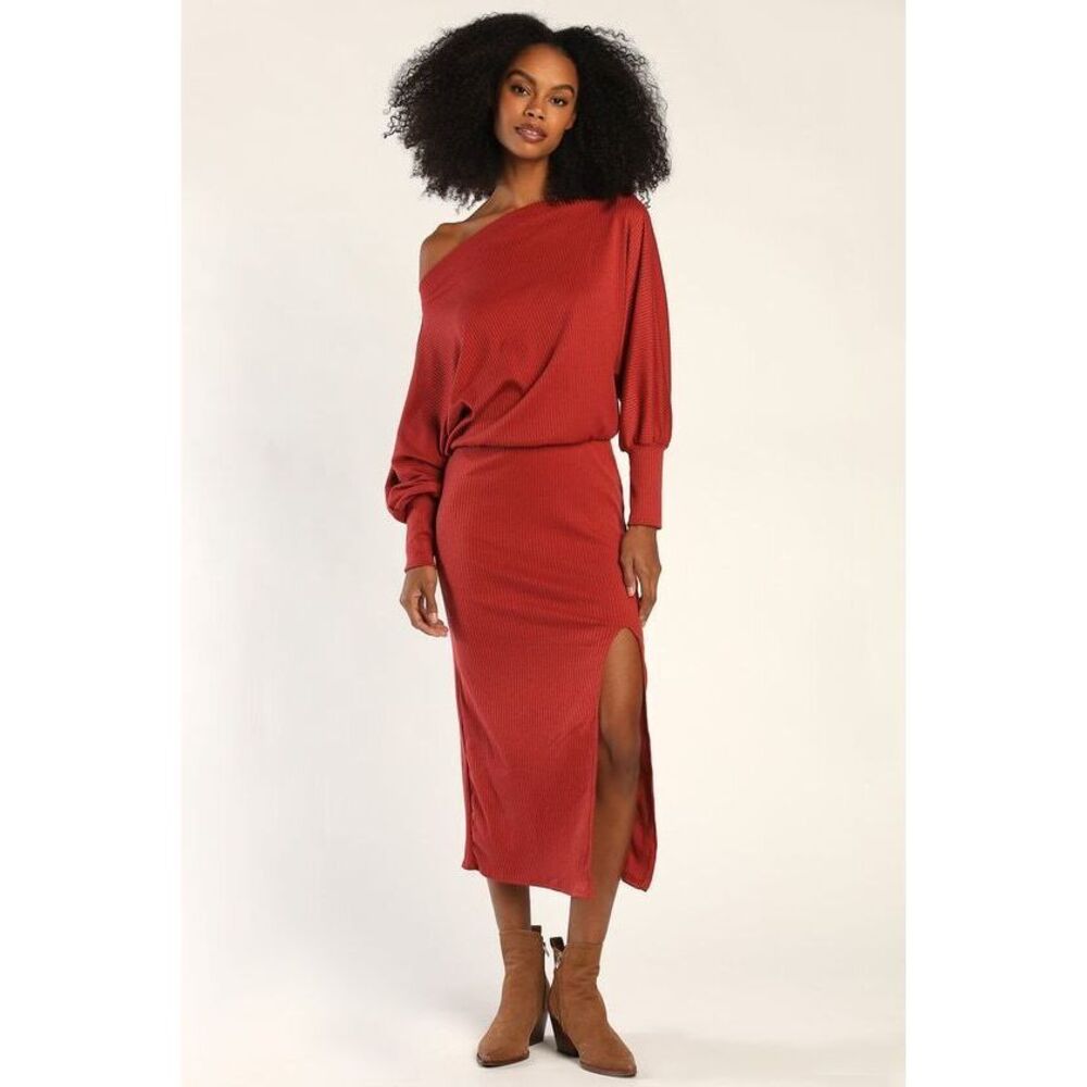 Lulus City Street Chic Rust Red Off-the-shoulder Midi Dress - Size M